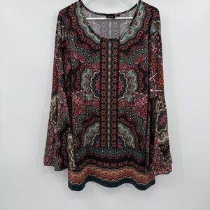 La Vanya Top Women 1X Multicolor Flare Sleeves Southwest Paisley Stretch Tunic